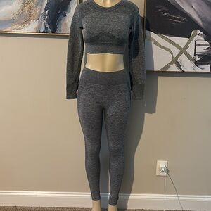 Gymshark Heathered Gray Cutout- Back Flex Long Sleeve Crop Top and Pants Set M